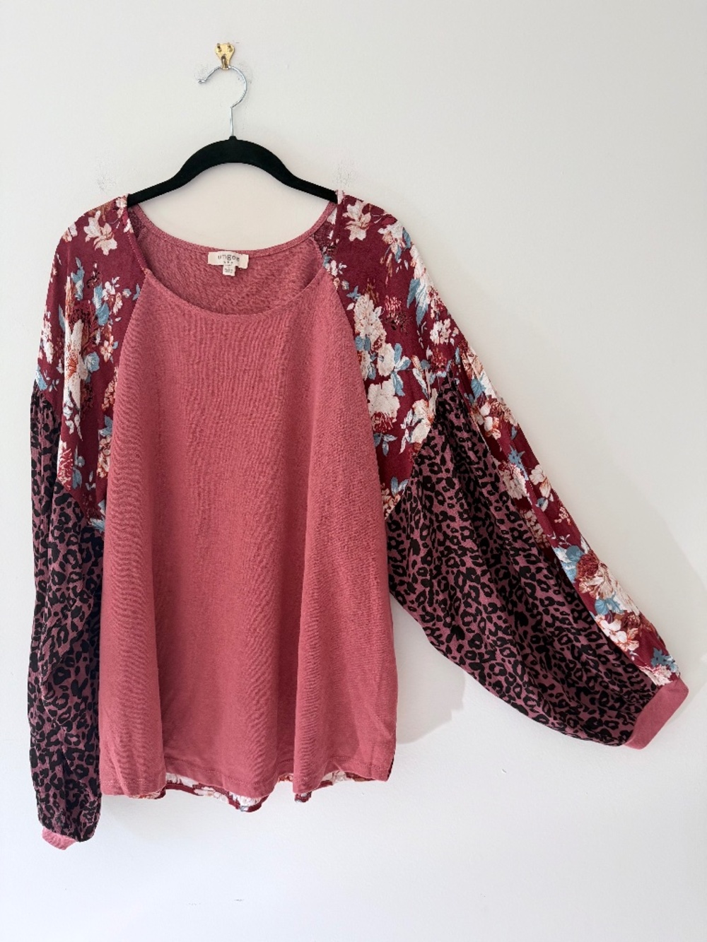Umgee Mixed Print Blouse Top Floral Animal Print Raglan Style Blousy Sleeve